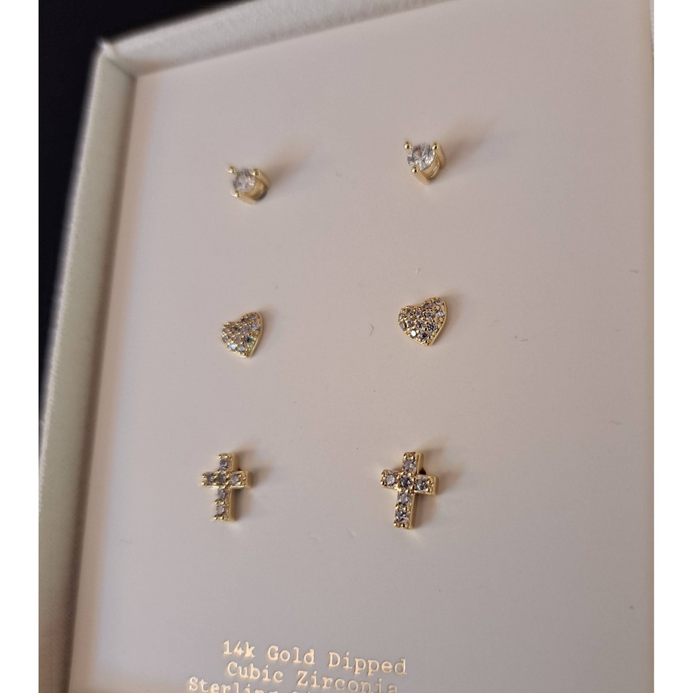 Heart and Cross Earring Set 3pk 14k Gold Plated Womens NEW‎ CZ 971-200-CB6